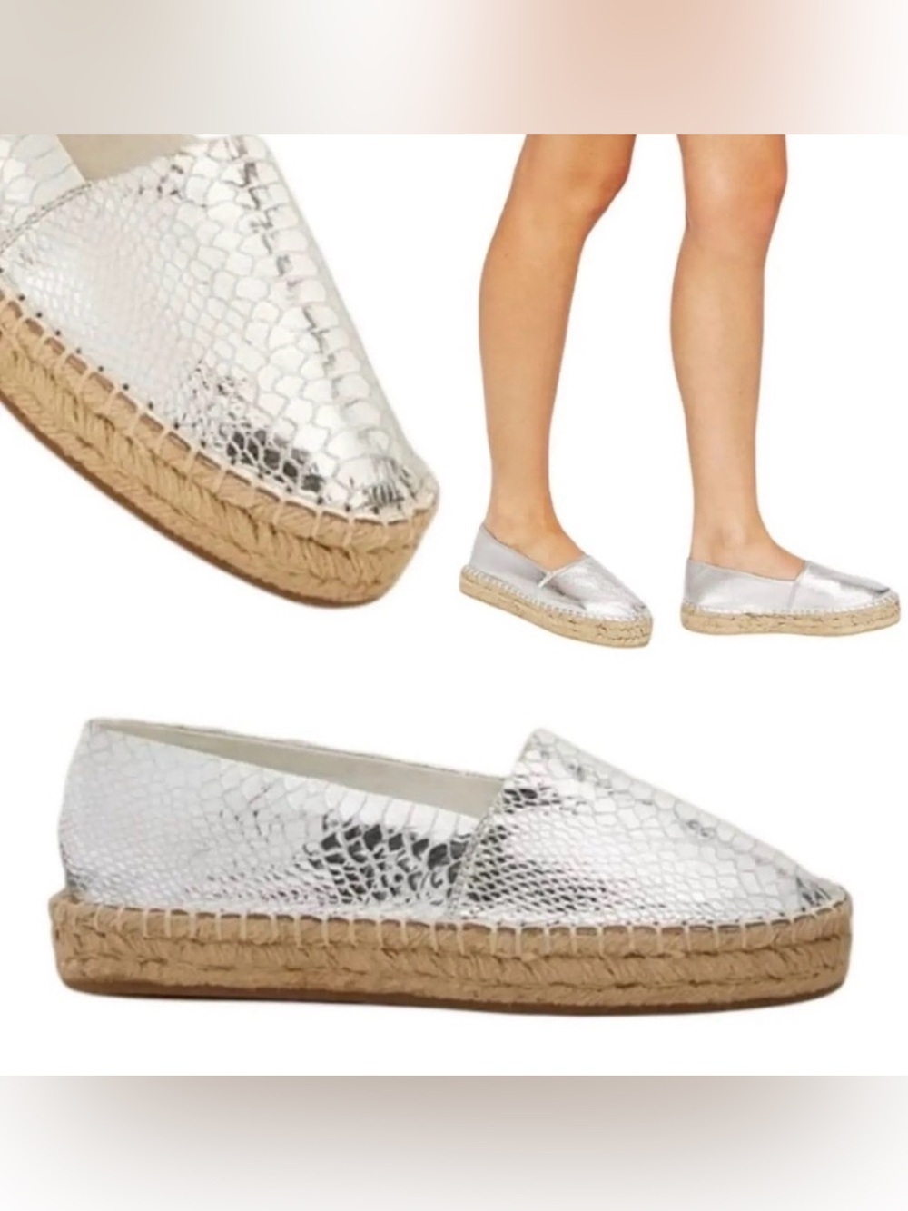 Jack Rogers Silver Palmer Snake-Print Metallic Espadrilles Women’s Sz 8.5